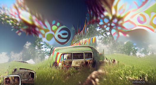 Hippie Van at Woodstock: 1970s Digital Rendering