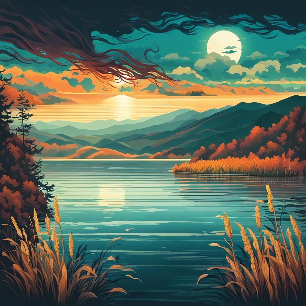 Dramatic Lake Landscape in Dark Fantasy Style