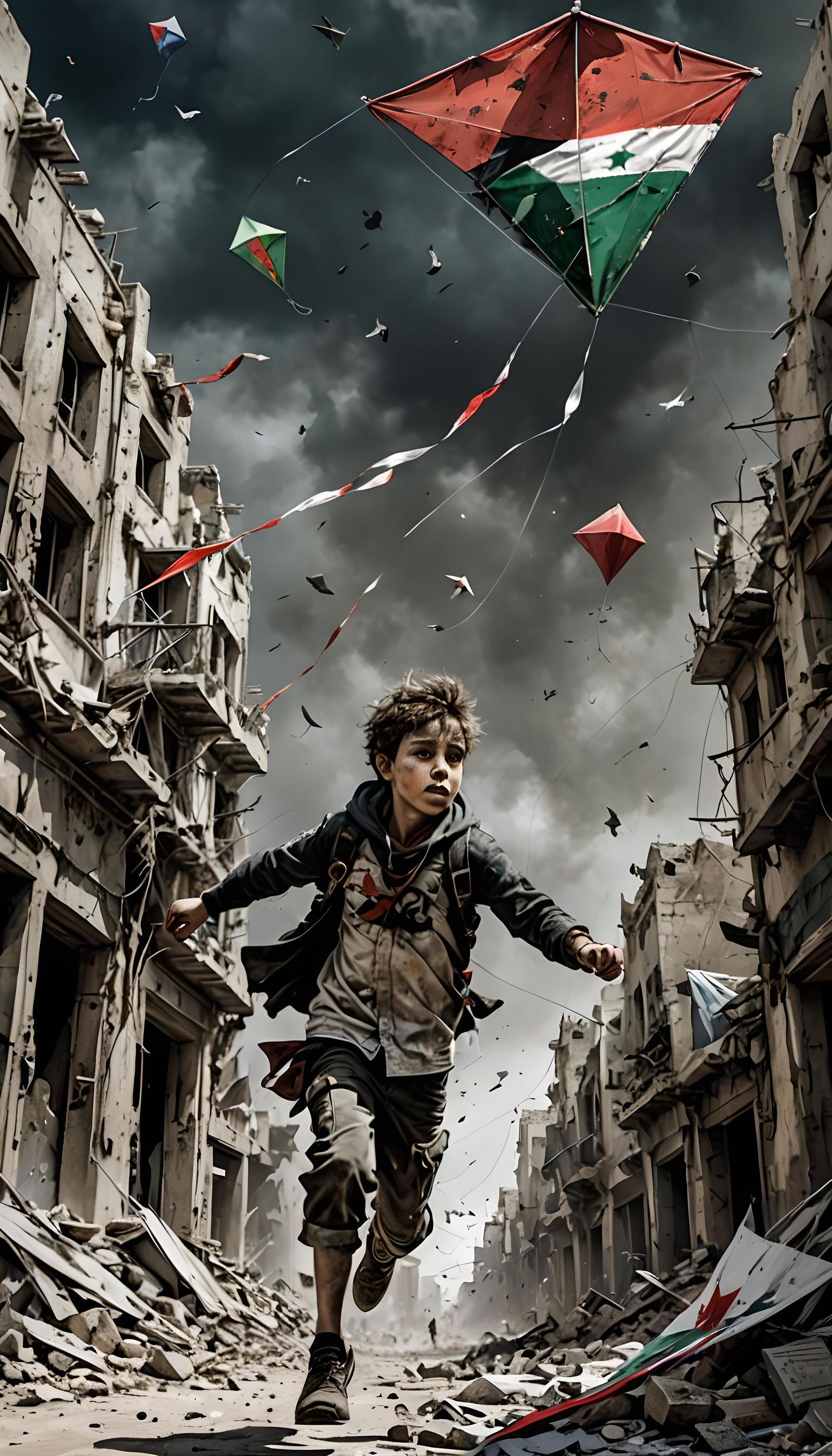 Boy with Palestinian Flag Kite in War-Torn City