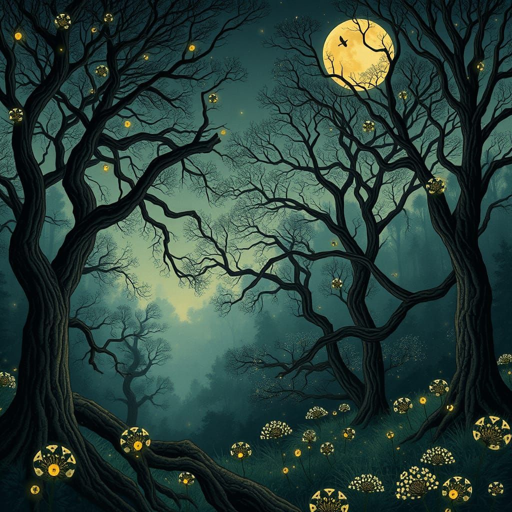 Dreamlike Art Nouveau Landscape of Ancient Forest and Firefl...