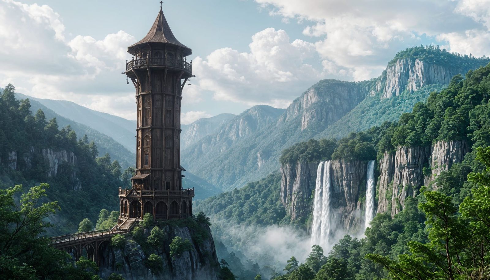 Rustic Wood Tower in a Wooded Valley: Fantasy Concept Art