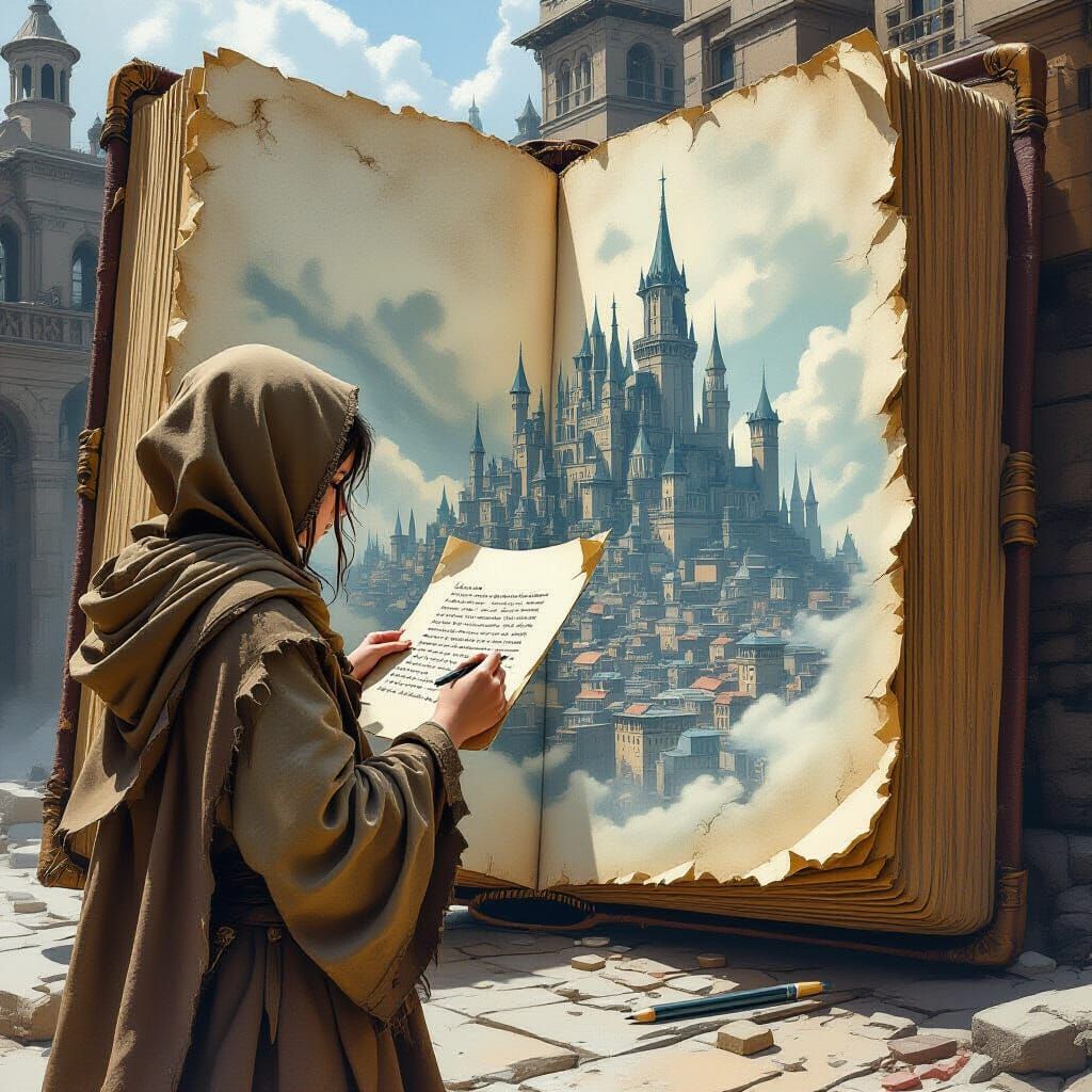 Girl Scribes City into Book: Dark Fantasy Illustration