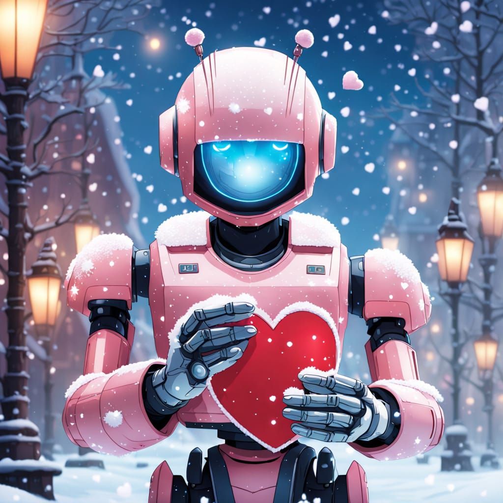 Robot in Whimsical Anime Style Holding Valentine's Day Card ...