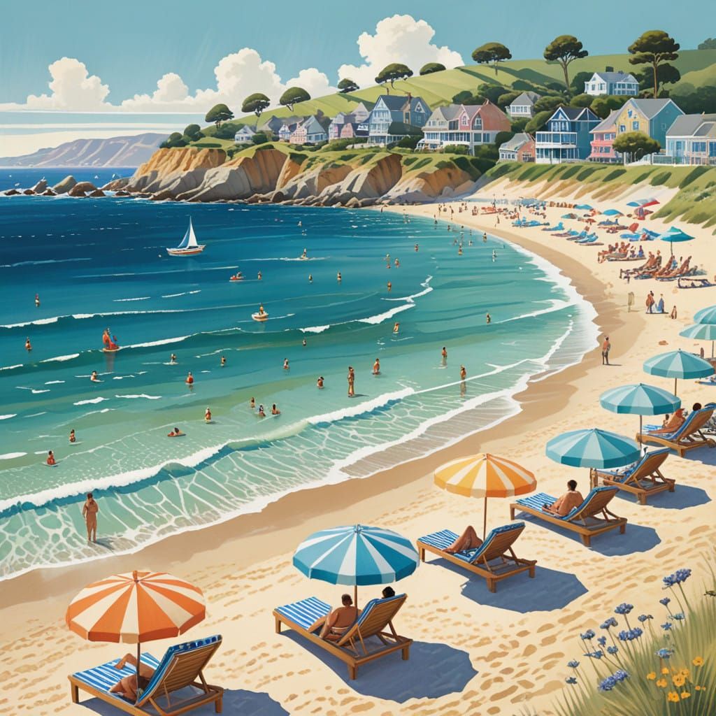 Vibrant Beach Scene in a Lively Coastal Community
