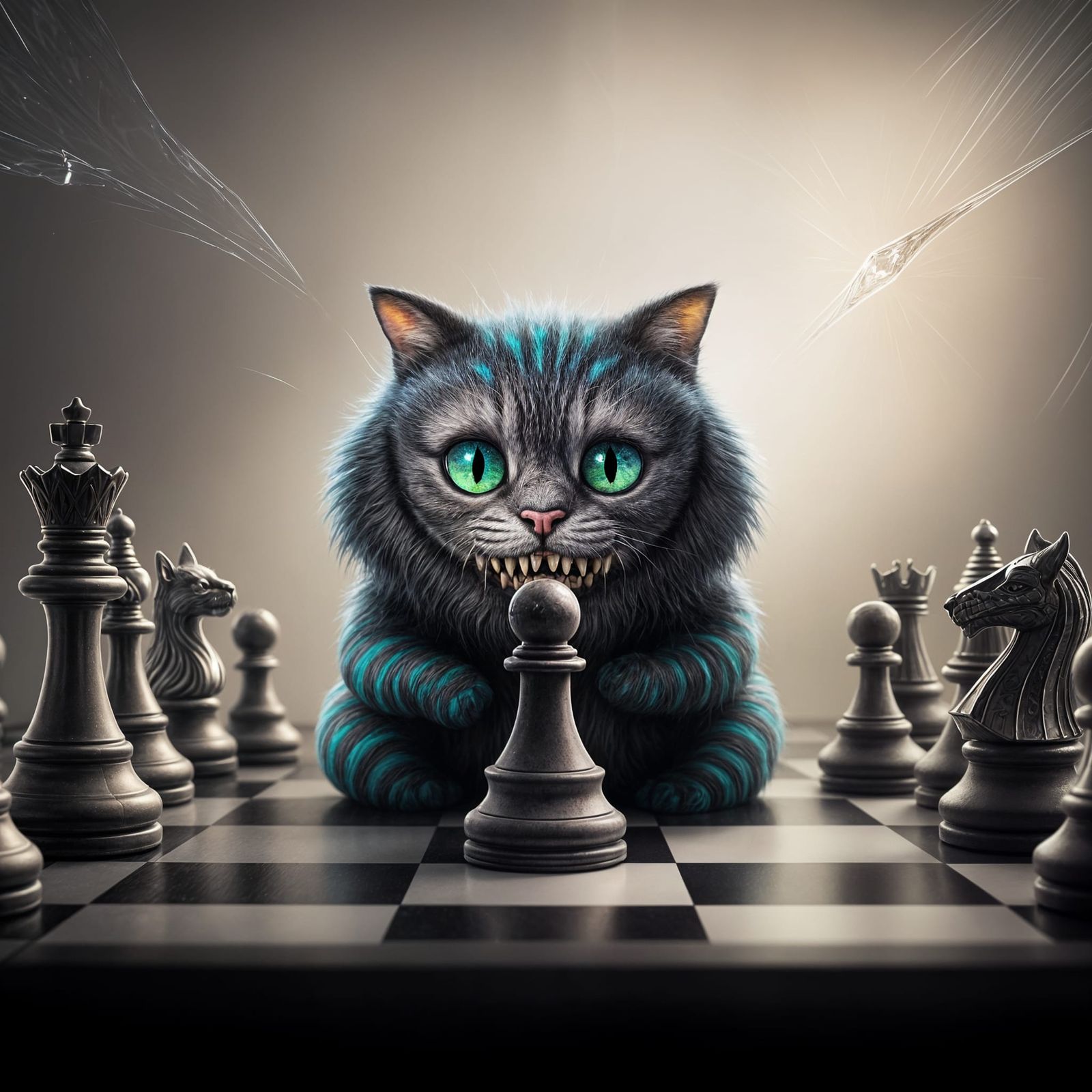 Intricate Chessboard with Cheshire Cat in Cyberpunk Style