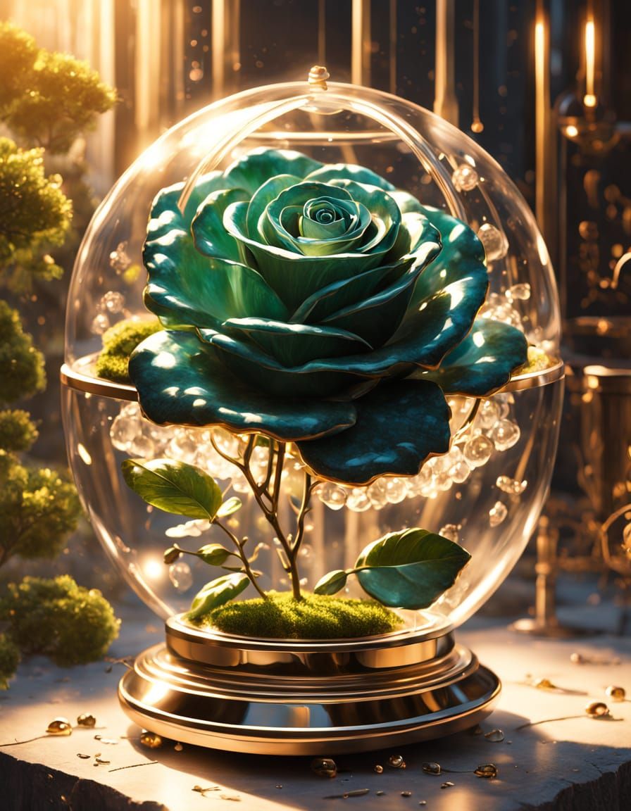 Hyperrealistic Oil Painting of a Music Box with Emerald Rose