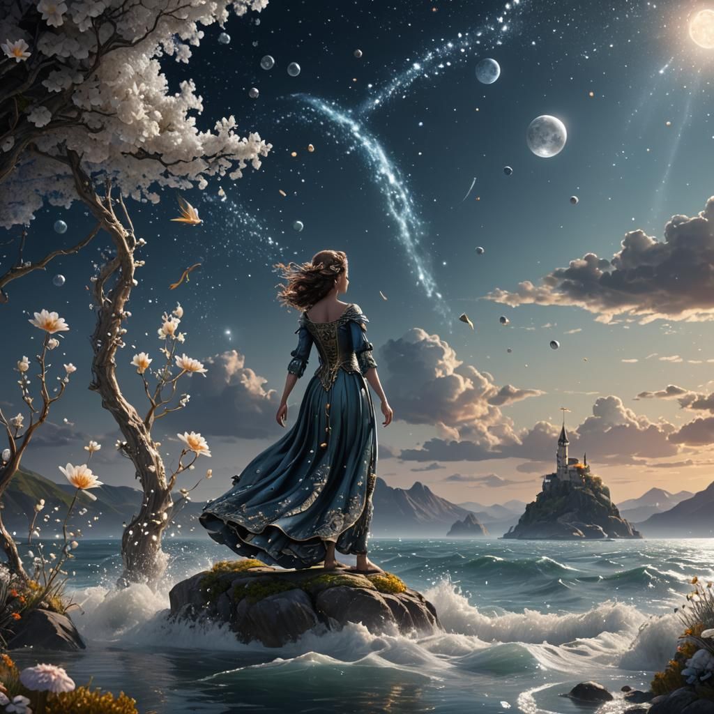 Little Mermaid Under Starry Moonlight: Fantasy Art