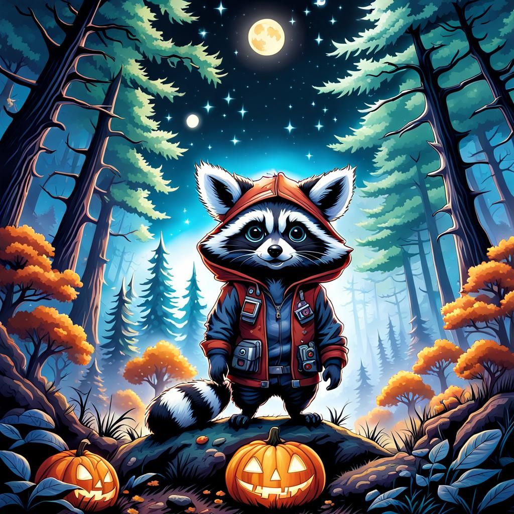 Cute Raccoon in Spooky Watercolor Halloween Forest