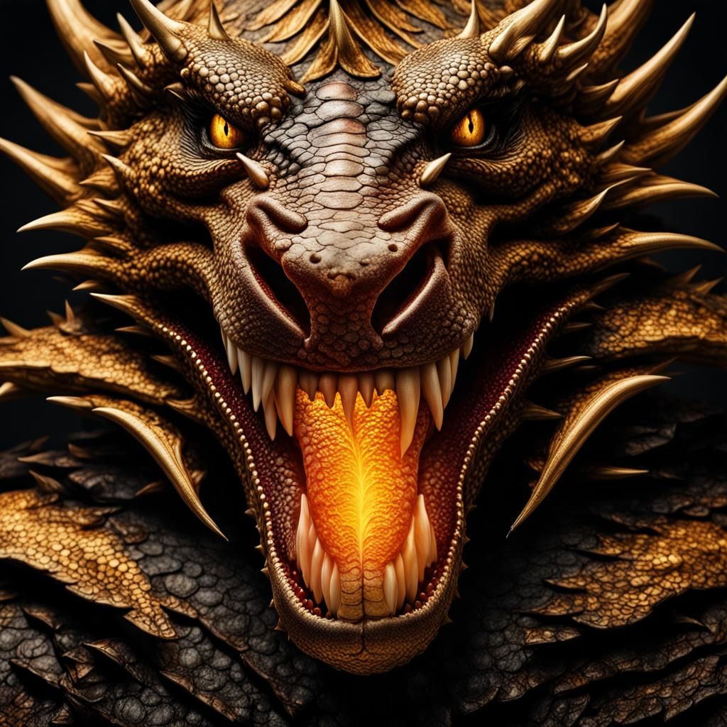 Smiling Dragon Portrait in Dark, Fiery Gold