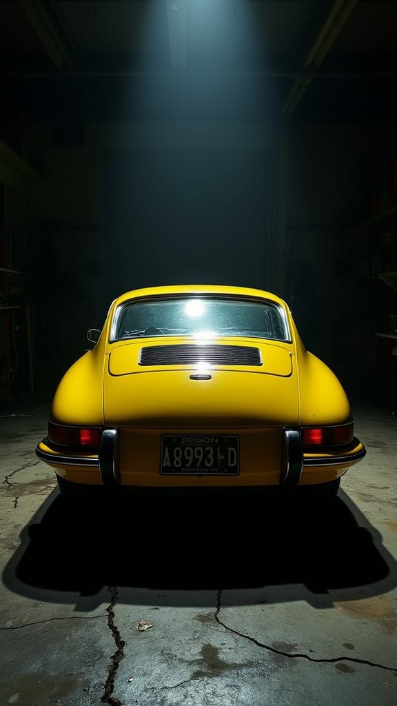 Vintage Yellow Porsche in Dark Garage with Cinematic Lightin...