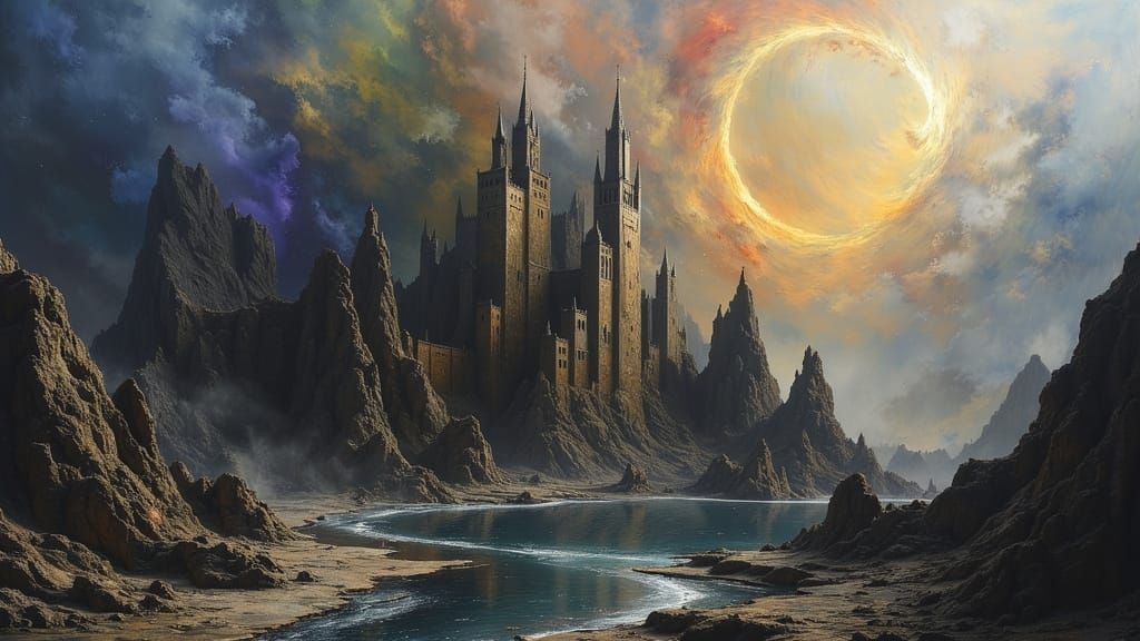 Dark Fantasy Citadel Amidst Mountains