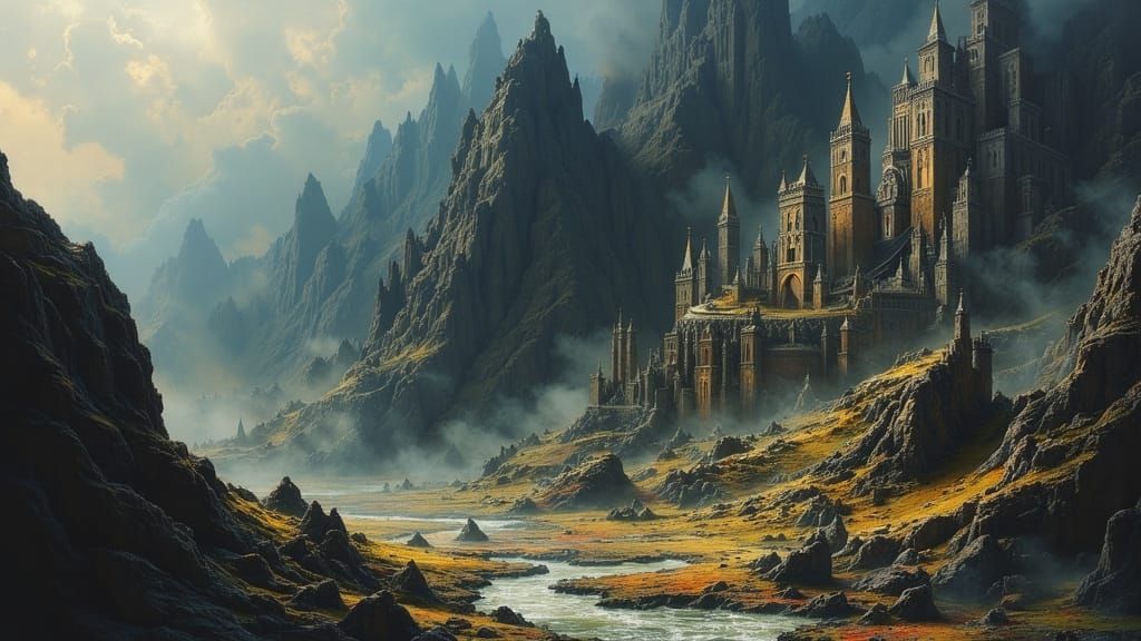 Dark Fantasy Citadel Amidst Mountains, Oil Paint Style