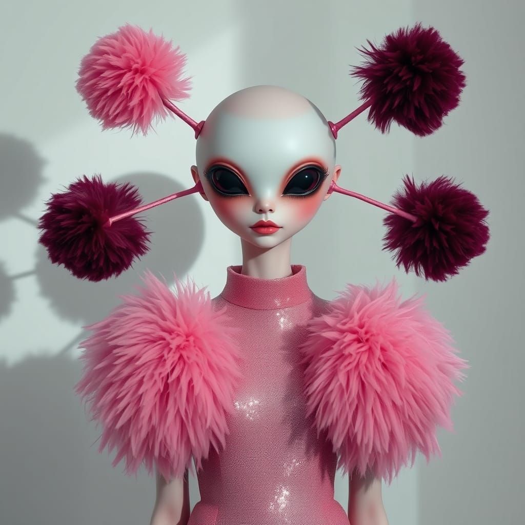 Alien Woman Portrait with Fluffy Pom Poms