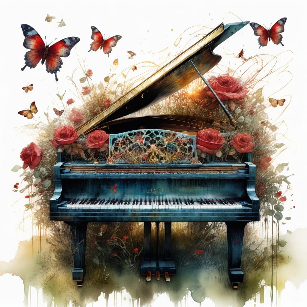 Grand Piano Enchanted with Vibrant Roses and Delicate Butter...