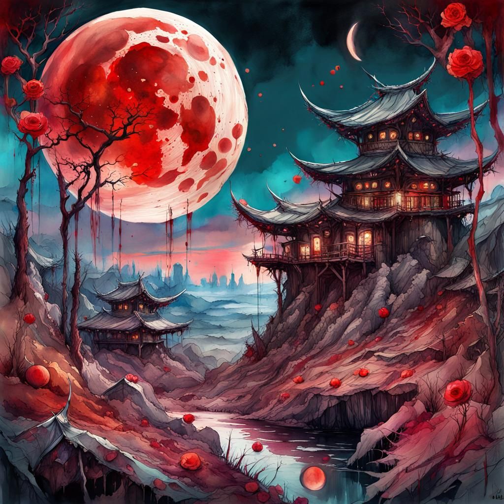Bloodmoon Landscape in Digital Watercolor Style