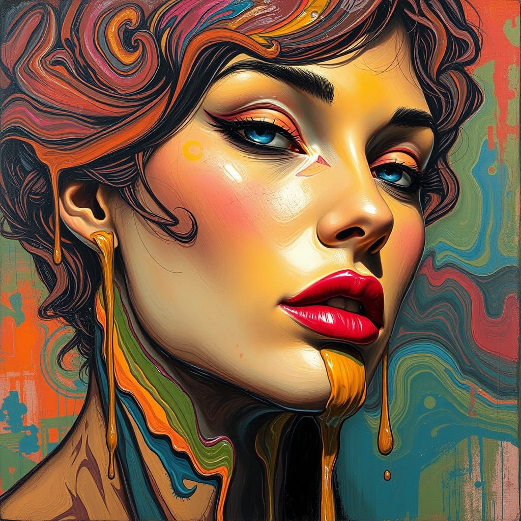 Surreal Beauty Portrait in a Melted, Swirling Paint Aestheti...