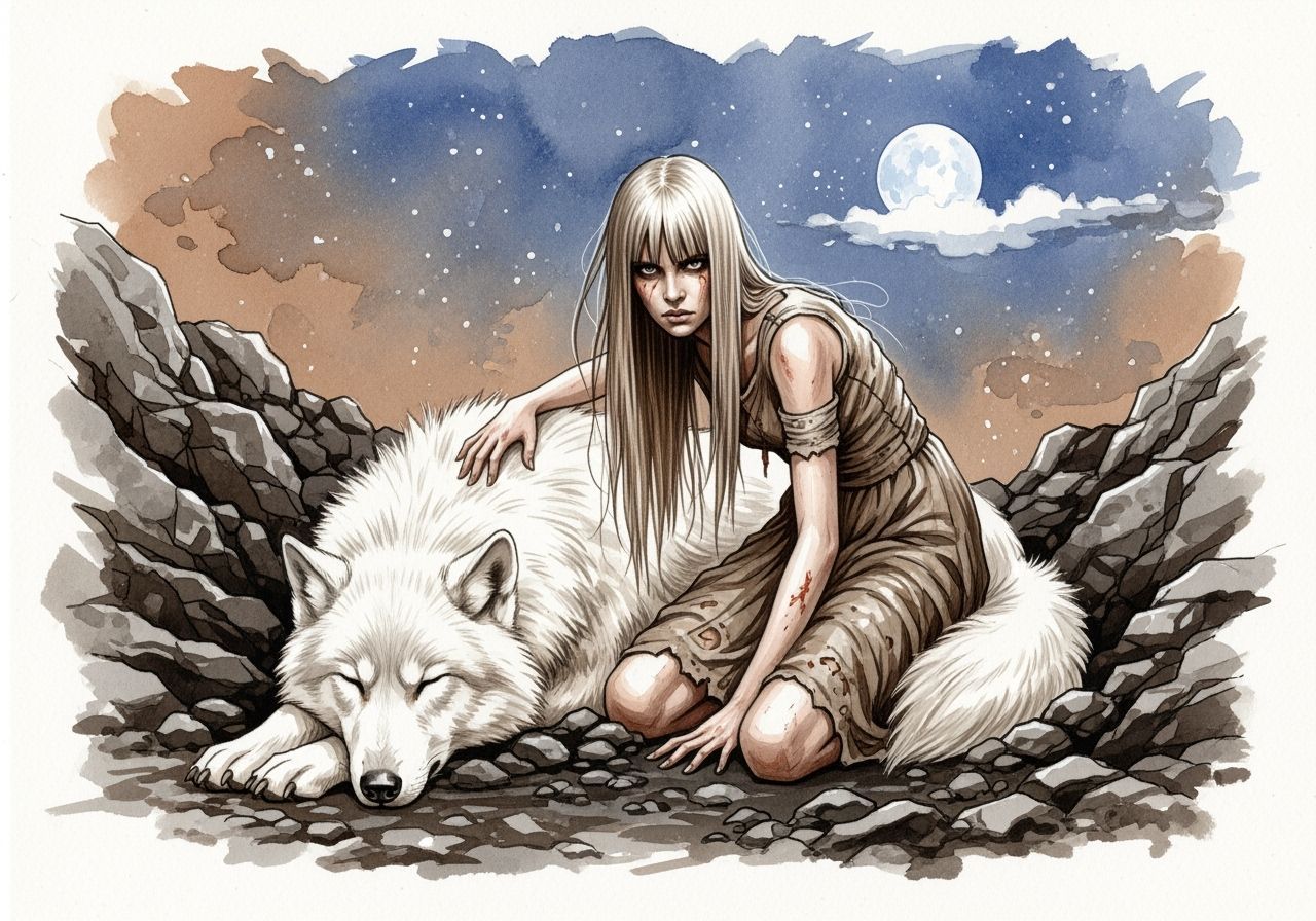 Impressionistic Watercolor of Woman with Wolf in Starry Nigh...