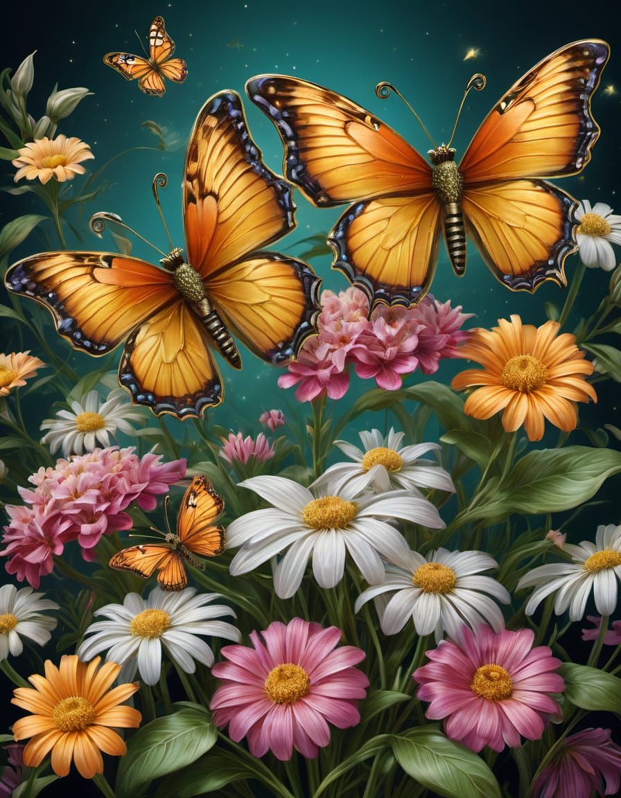 Vibrant Butterflies on Flower Bouquet in Art Nouveau Style