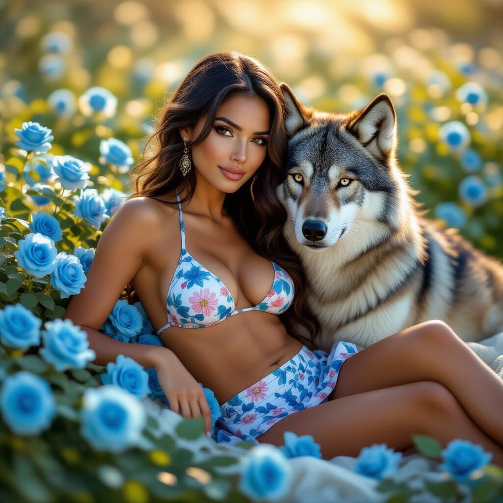 Woman and Wolf Beside Blue Roses in Golden Hour Light