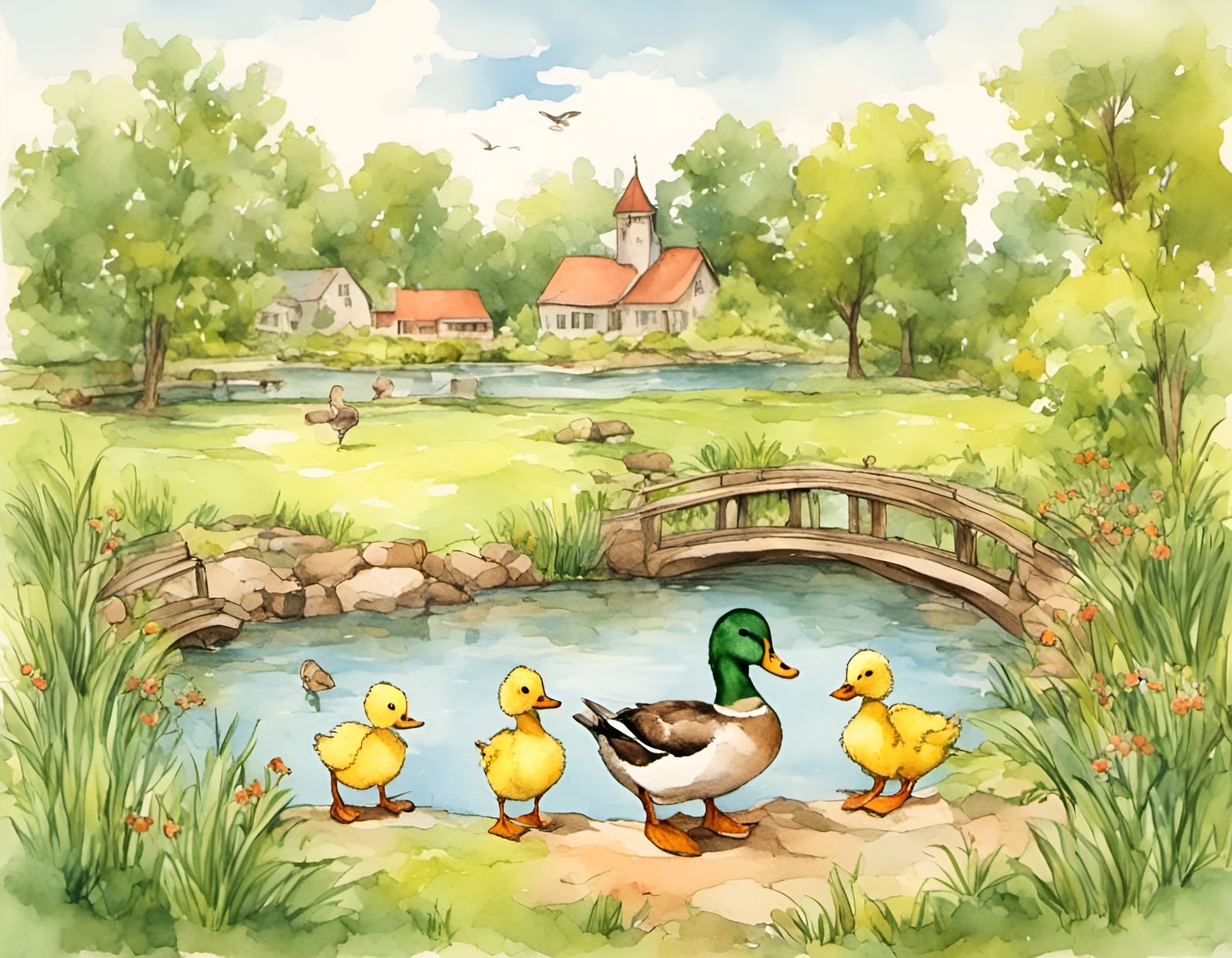 Charming Duck Pond Storybook Illustration