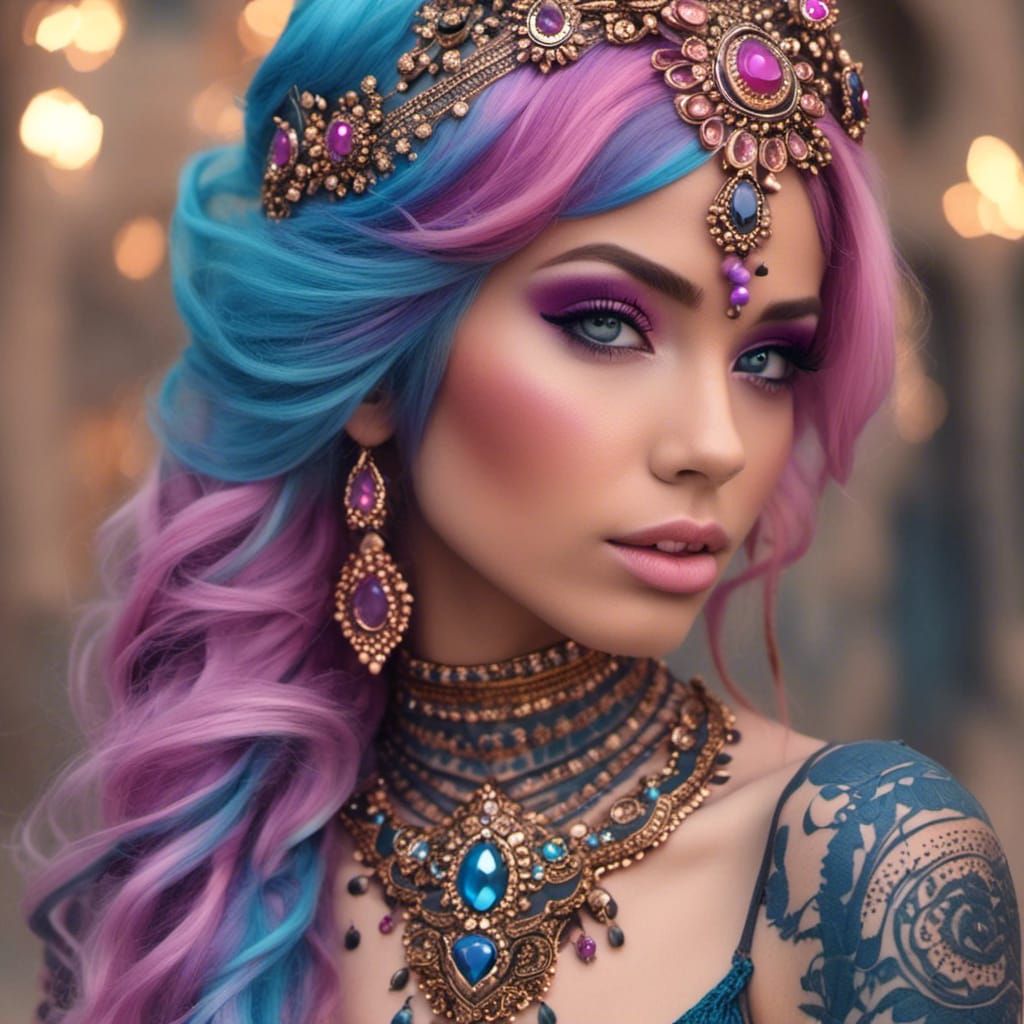 Woman with Colorful Hair and Henna Tattoos