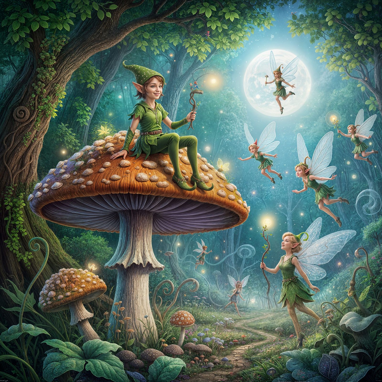 Enchanted Elf on Mushroom in Moonlit Forest