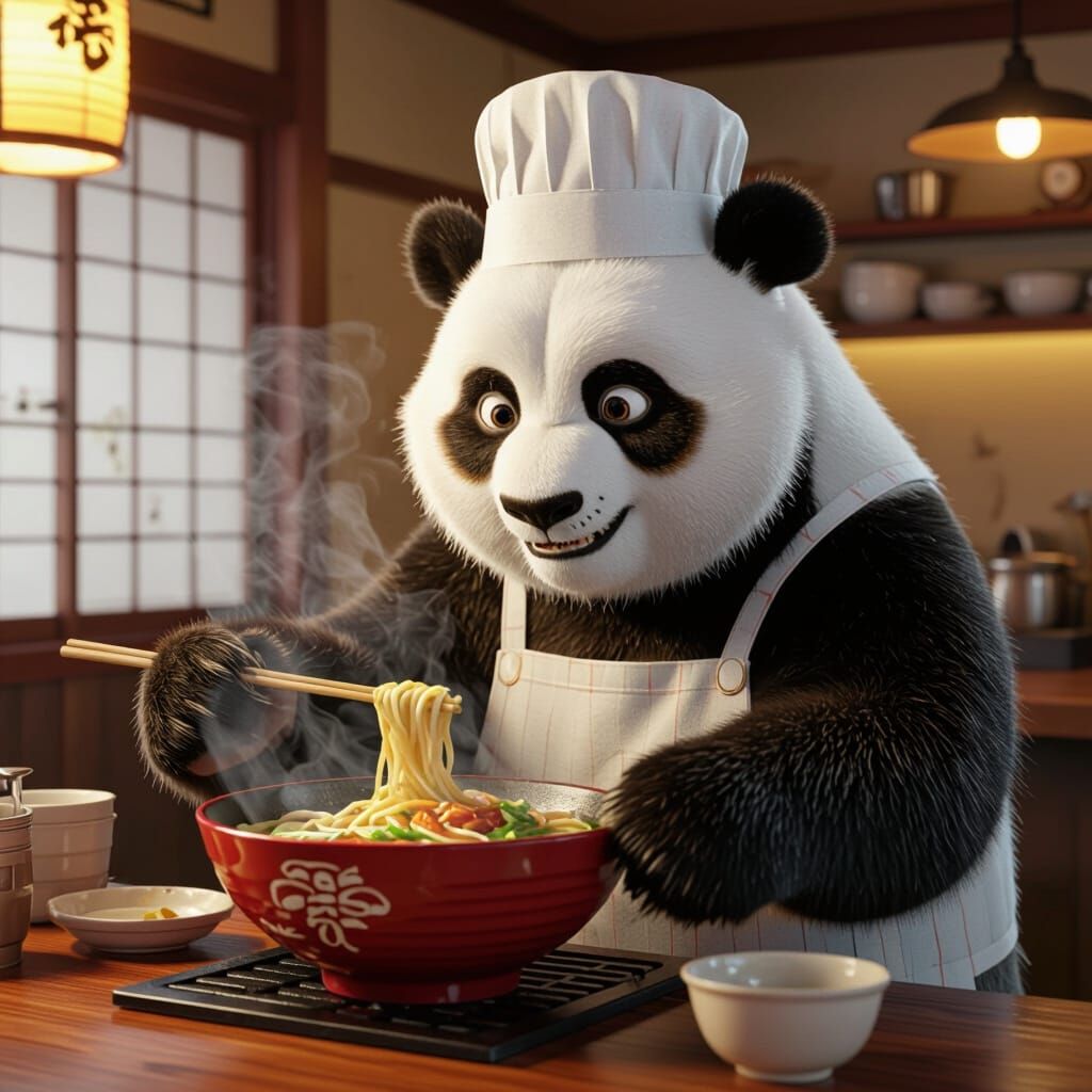 Panda Chef Cooking Ramen in Japanese Restaurant