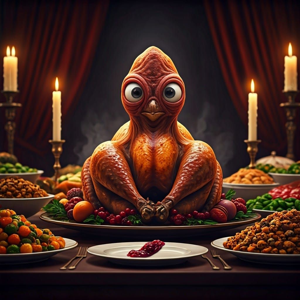Surreal Turkey Centerpiece Stares Intensely in Digital Art