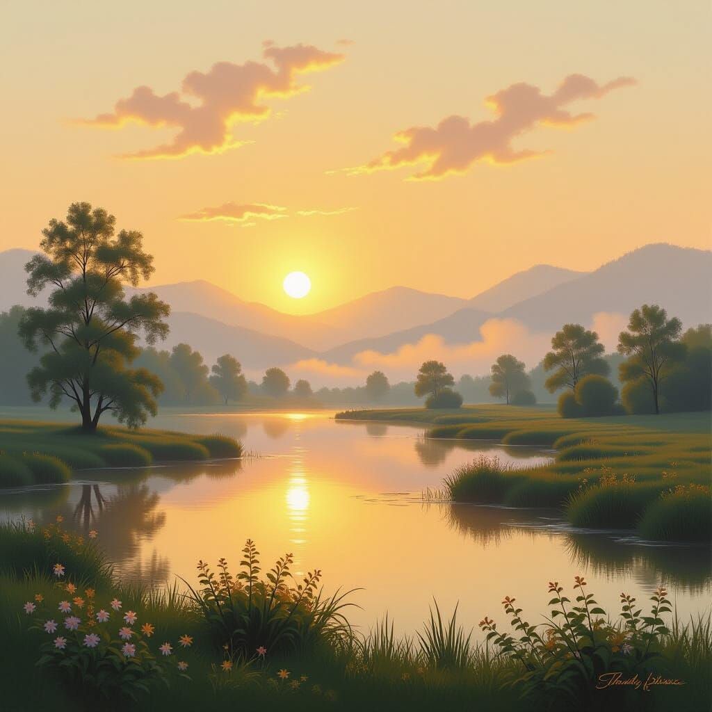 Golden Hour Serene Landscape in Luminous Style