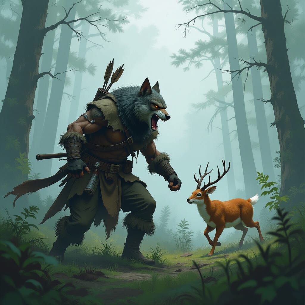 Predator Hunts Prey in Misty Forest