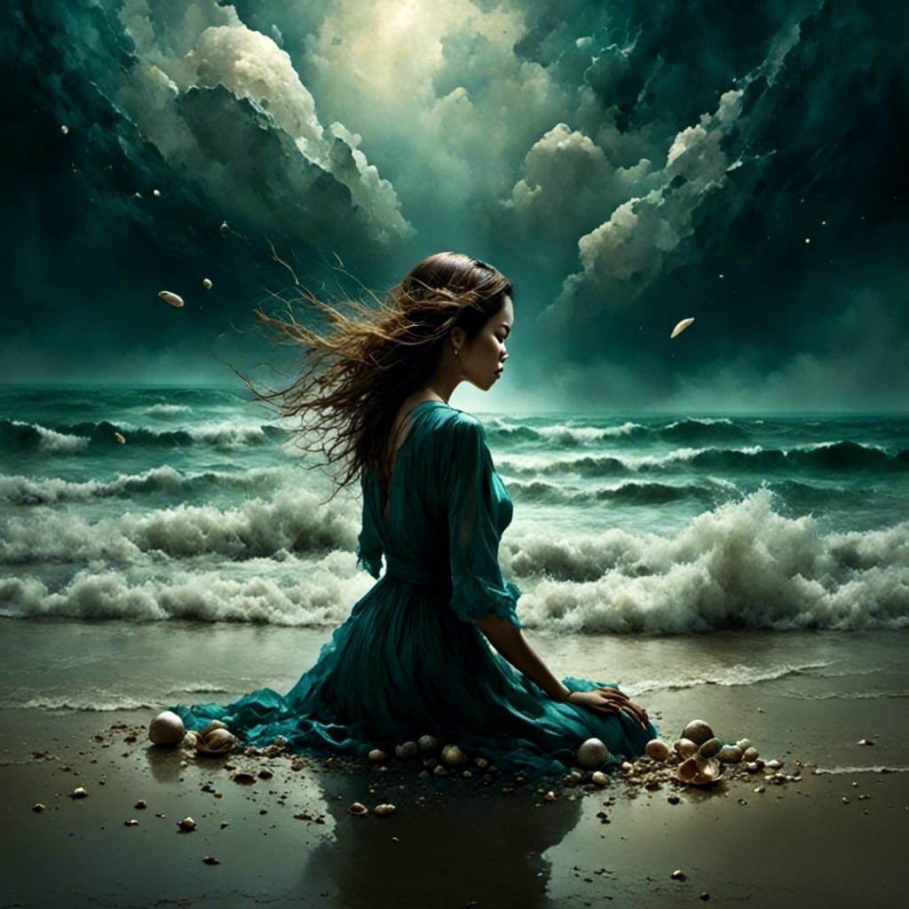 Rainy Seashore: Seashell Seller in the Dark