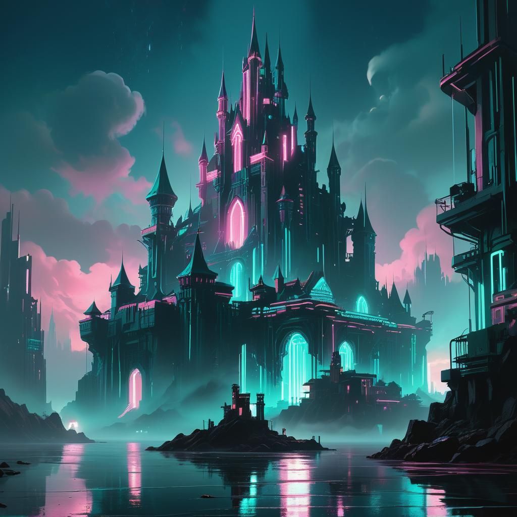 Cyberpunk Castle with Monster in Neon Cityscape
