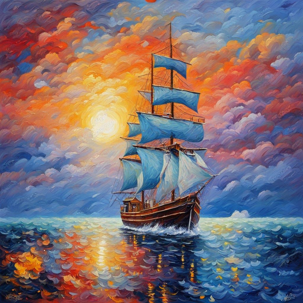 Ship Sails Under Opal Sky in Neo-Impressionist Style