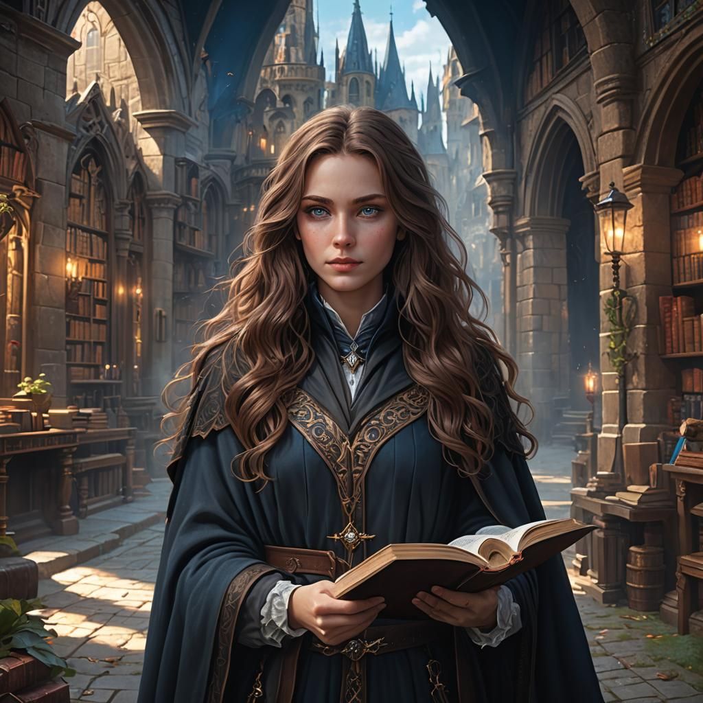 Girl with Wand and Book in Matte Painting Style