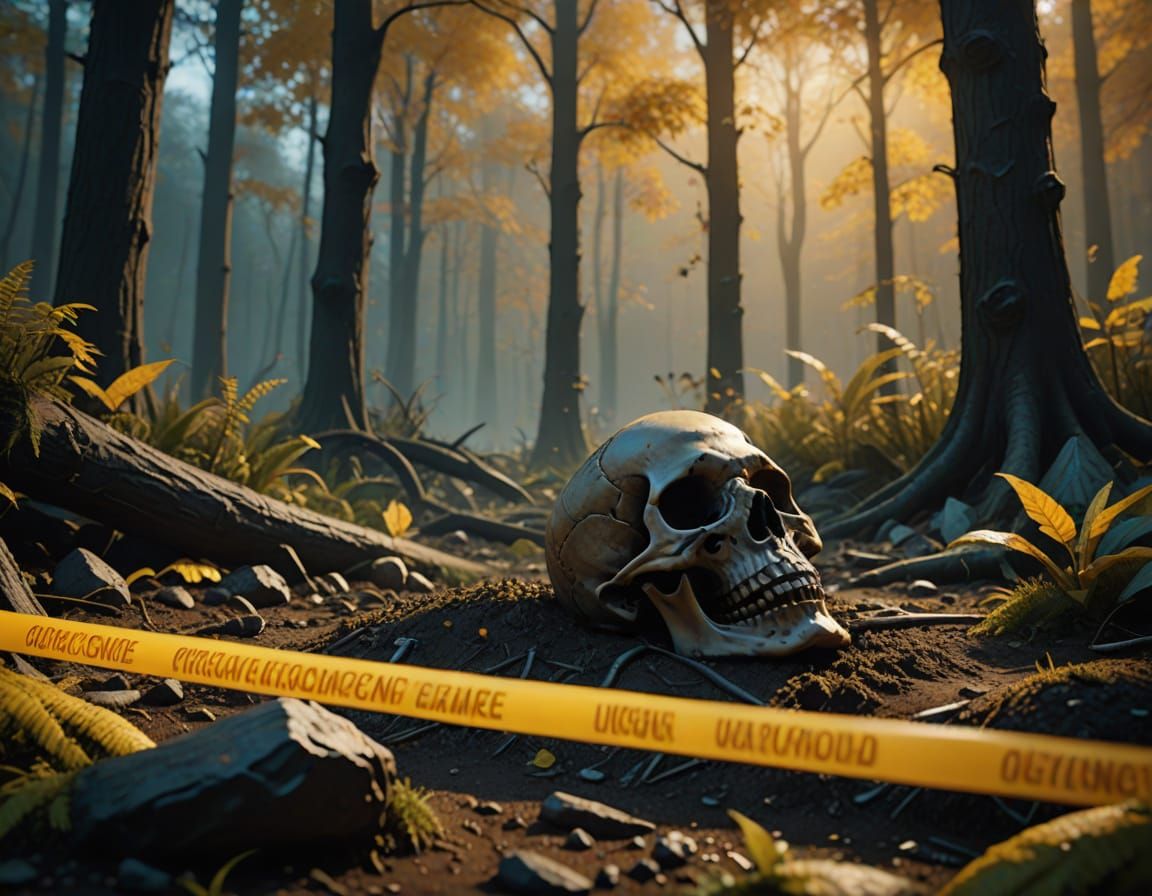 Mysterious Crime Scene in Dark Fantasy Forest