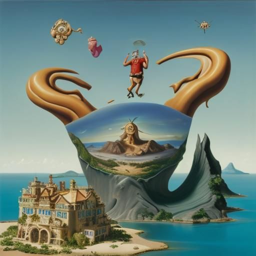 Laughing Rich Man on Island, Surreal Dali Style