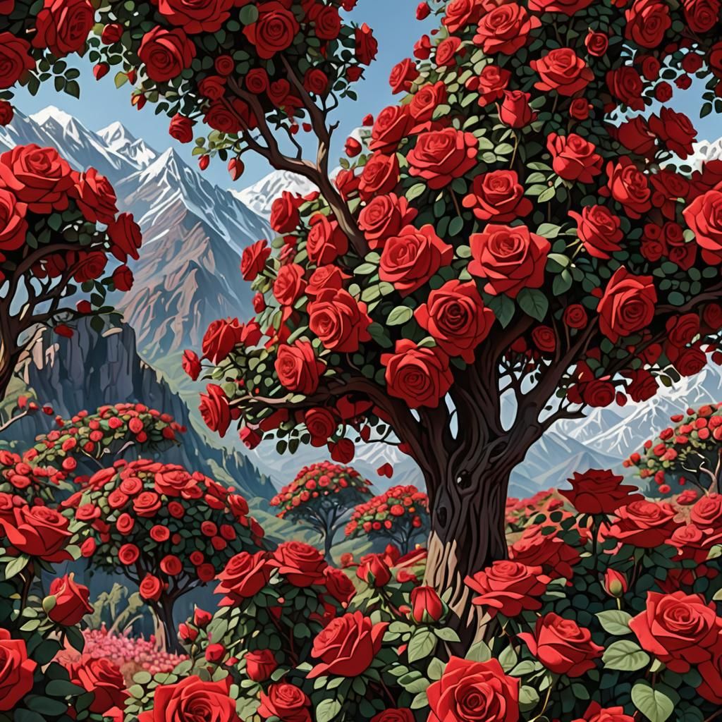 Giant Rose Tree with Red Crystal Mountains