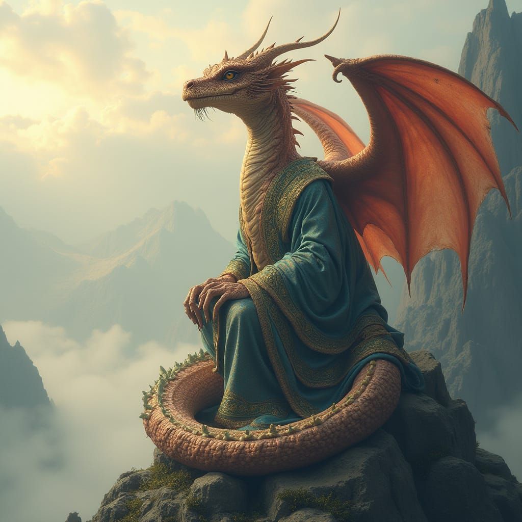 Wise Dragon on Misty Peak: Art Nouveau Style