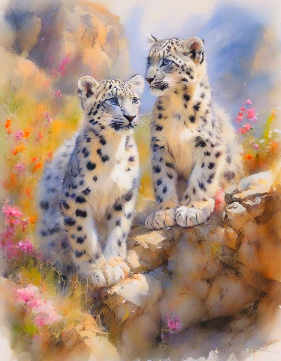 Playful Snow Leopard Cubs on a Sunlit Ledge with Wildflowers