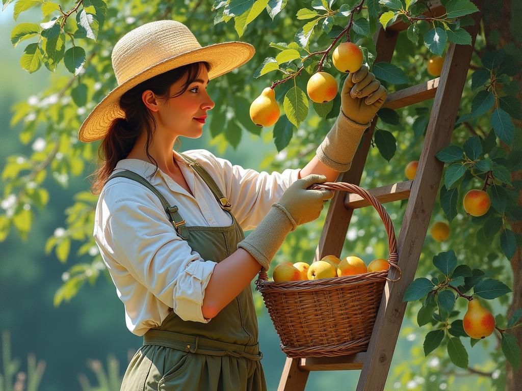 Impressionist Gardener Harvesting Pears in Sunlight
