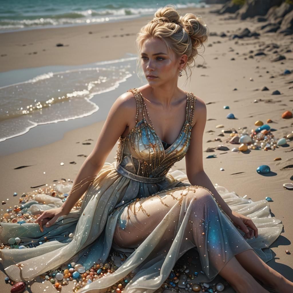 Blonde Woman on Beach in Fantasy Art Style