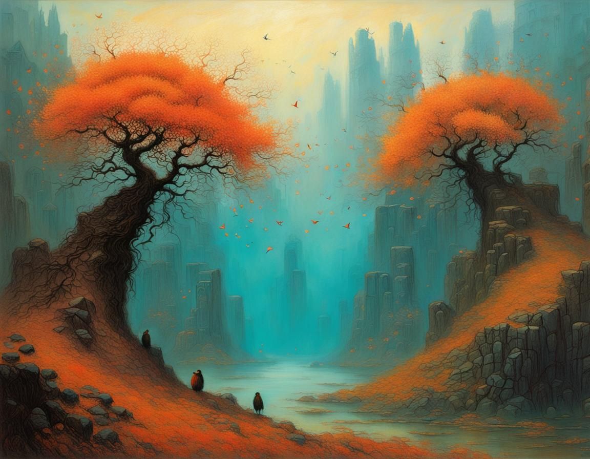 Dreamlike Birds and Blossoms in Gothic Art Style