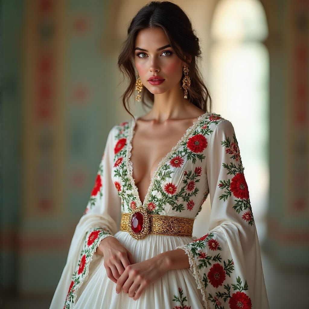 Woman in Embroidered Dress with Floral Details