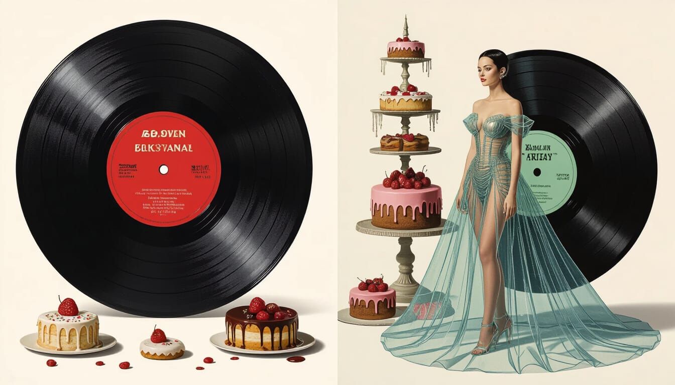 Surreal LP Cover: Woman in Glass Dress Amidst Decay