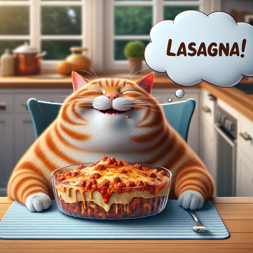 Happy Orange Cat Enjoys Lasagna Feast