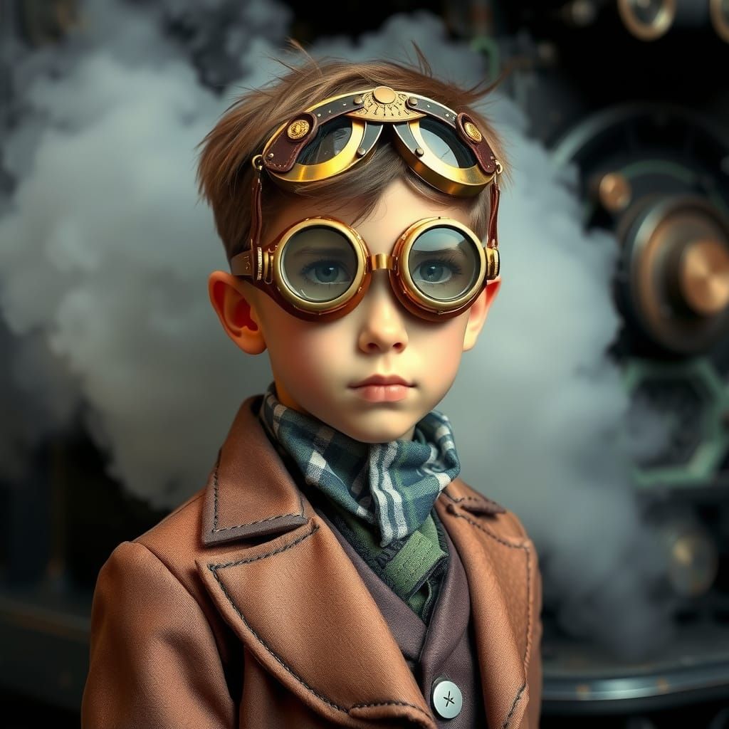 Steampunk Boy with Goggles in Locomotive Steam