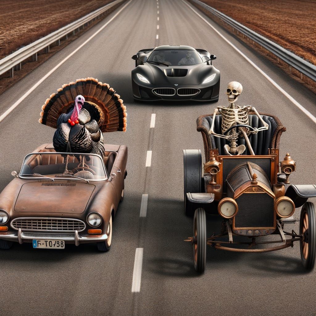 Surreal Road Race Between Skeleton, Turkey, and Santa