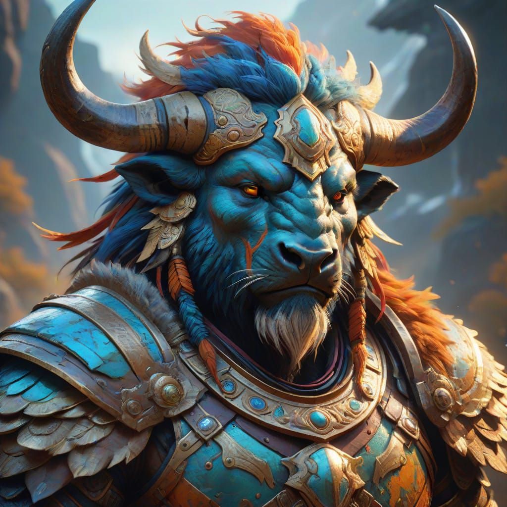 Majestic Buffalo-Headed Warrior, Hyper-Realistic Concept Art