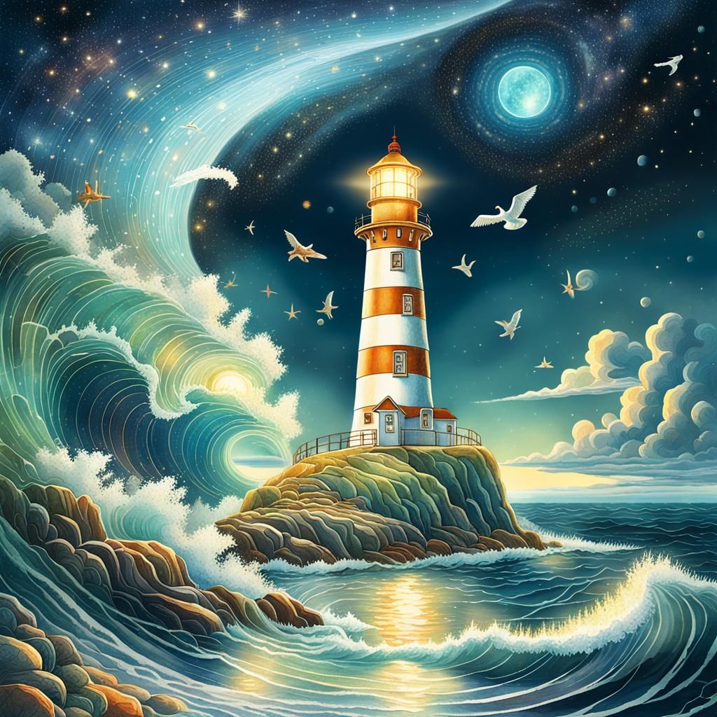 Lighthouse at Sea: Vintage Storybook Illustration