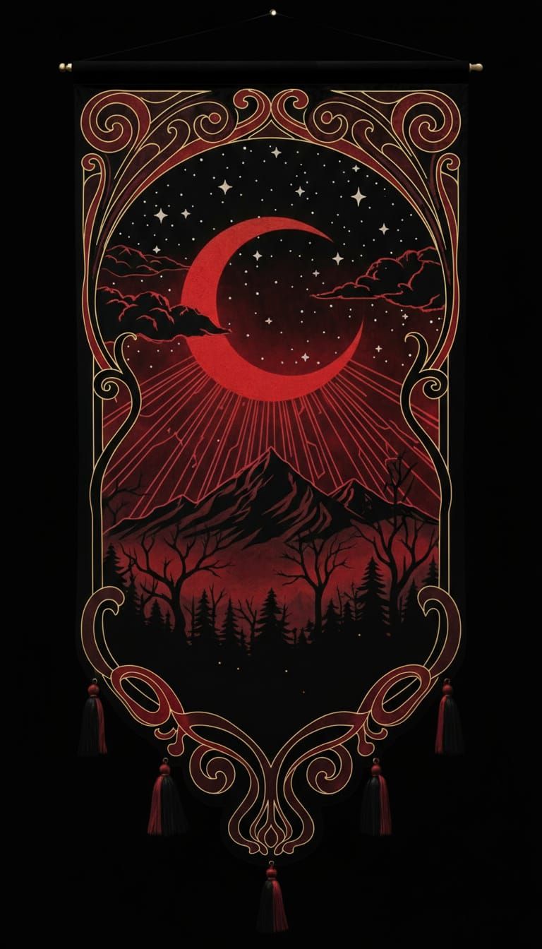 Crimson Moonbeams Over Silhouetted Mountain Forest